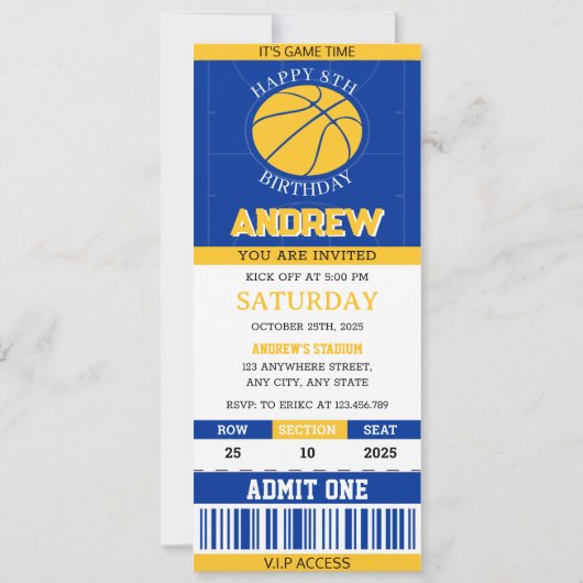パーソナルバスケットボールチケットブルー&イエロー誕生日 招待状 (正面)