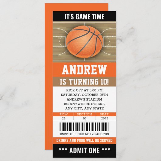 パーソナルバスケットボールチケット誕生日招待状 招待状 (正面/裏面)