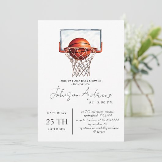 パーソナルバスケットボールテーマベビーシャワー文字 招待状 (スタンド正面)