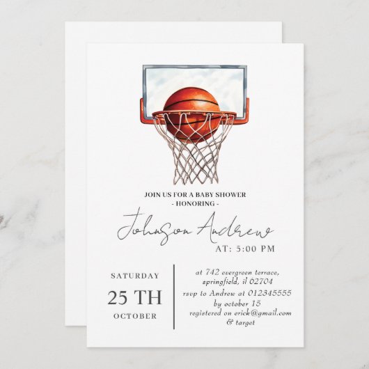 パーソナルバスケットボールテーマベビーシャワー文字 招待状 (正面/裏面)