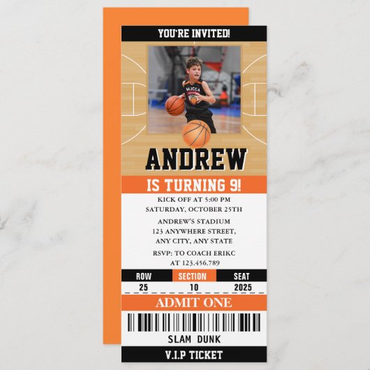 パーソナルバスケットボール誕生日チケットカスタム写真 招待状 (正面/裏面)