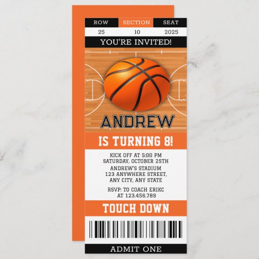 パーソナルバスケットボール誕生日チケットスポーツ 招待状 (正面/裏面)