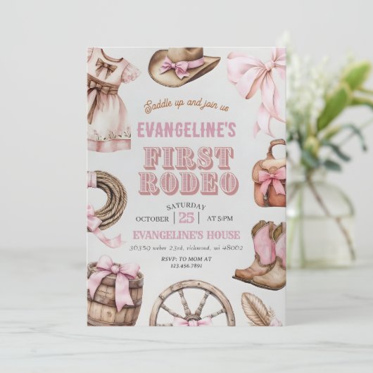 パーソナルピンクファーストロデオ女性のカーボーイ誕生日 招待状 (スタンド正面)