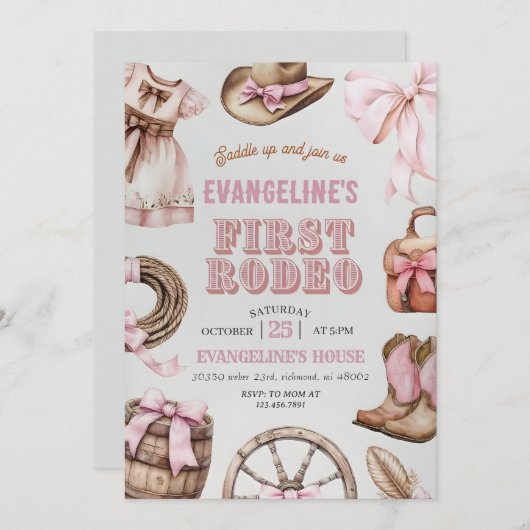 パーソナルピンクファーストロデオ女性のカーボーイ誕生日 招待状 (正面/裏面)