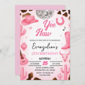 パーソナルピンク宇宙女性のカーボーイディスコロデオ誕生日 招待状 (正面/裏面)