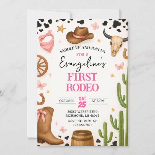 パーソナルピンク1stロデオガール女性のカーボーイ 招待状 (正面)