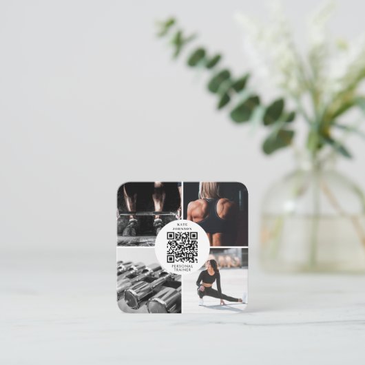 パーソナルフィットネストレーナーフォトQRソーシャルメディア スクエア名刺 (スタンド正面)