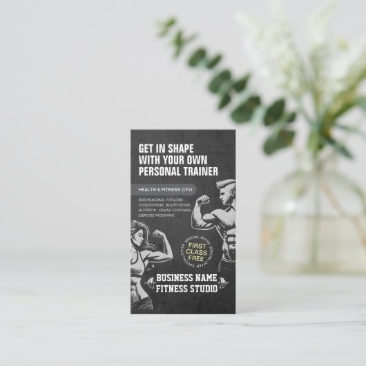 パーソナルフィットネストレーナーボディビルジムダンベル 名刺 (スタンド正面)