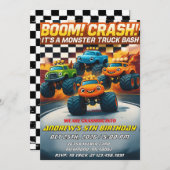 パーソナルブームクラッシュモンスタートラック誕生日 招待状 (正面/裏面)