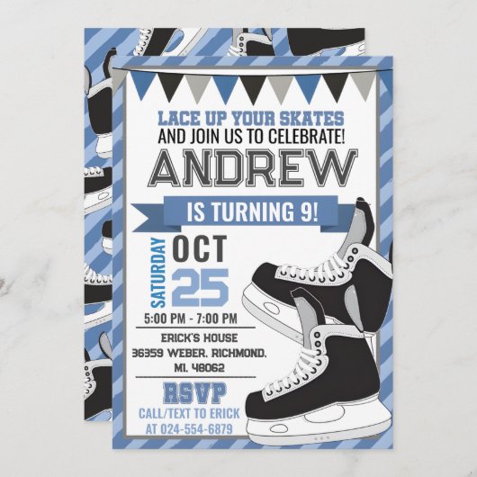 パーソナルホッケースケートで滑る誕生日招待状 招待状 (正面/裏面)