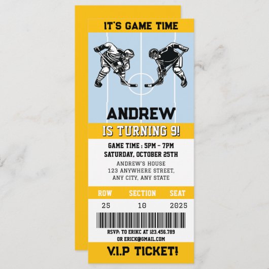 パーソナルホッケーチケットスポーツ誕生日パーティー 招待状 (正面/裏面)