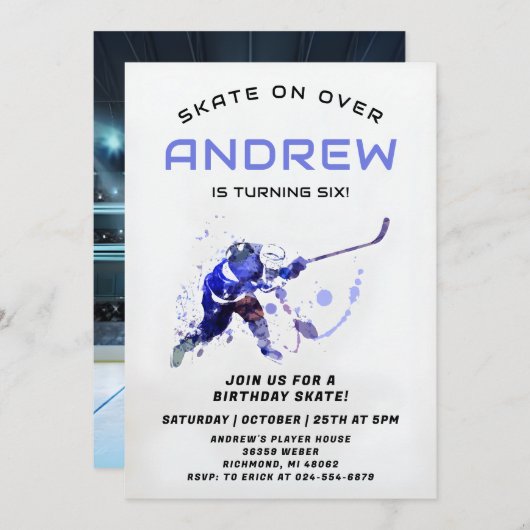 パーソナルホッケーテーマ誕生日パーティーの招待 招待状 (正面/裏面)