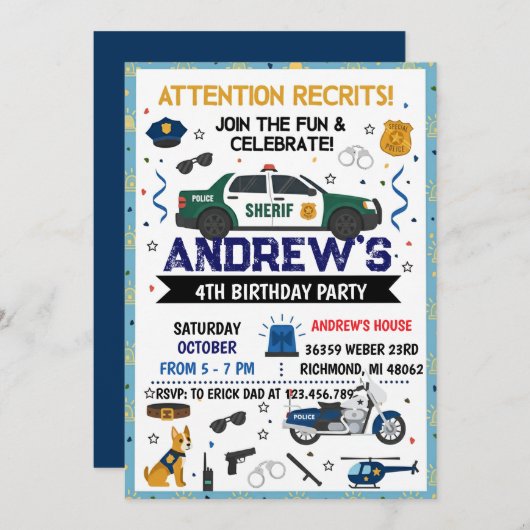 パーソナルモダンシェリフ警察の誕生日パーティー 招待状 (正面/裏面)