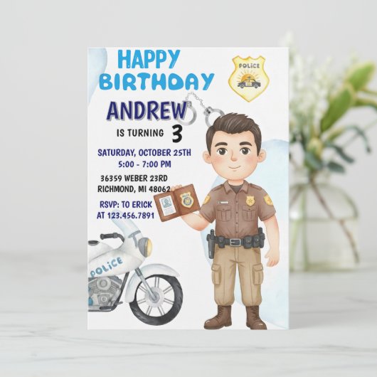 パーソナルモダンポリスパーティー 誕生日招待状 招待状 (スタンド正面)