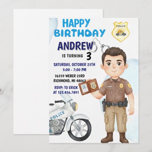 パーソナルモダンポリスパーティー 誕生日招待状 招待状 (正面/裏面)