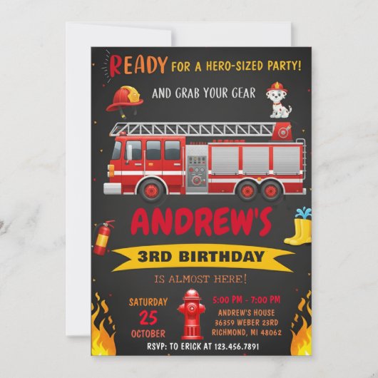 パーソナルモダン消防車 誕生日パーティー 招待状 (正面)