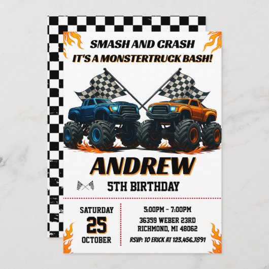 パーソナルモンスタートラックジャム誕生日パーティー 招待状 (正面/裏面)