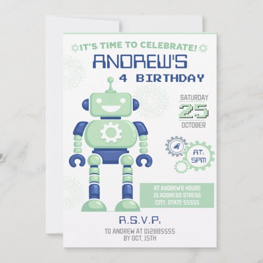 パーソナルロボット 誕生日招待状 招待状 (正面)