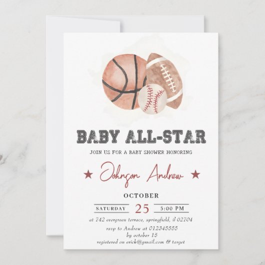 パーソナルヴィンテージスポーツベビーシャワーホワイトテーマ 招待状 (正面)