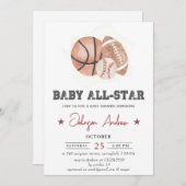 パーソナルヴィンテージスポーツベビーシャワーホワイトテーマ 招待状 (正面/裏面)