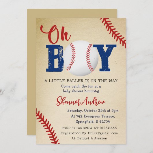 パーソナルヴィンテージスポーツ野球ベビーシャワー 招待状 (正面/裏面)