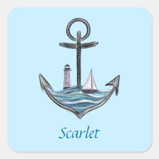 パーソナル化可能ないかりと灯台（バージョン1） スクエアシール (正面)