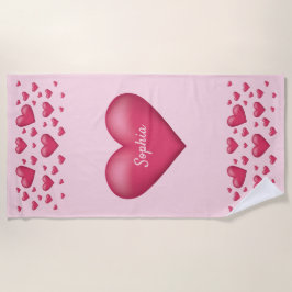 パーソナル化可能なハートを持つピンクの文字 ビーチタオル