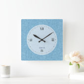 パーソナル化可能なライトブルーフェイクリネンプリント スクエア壁時計 (ホーム)