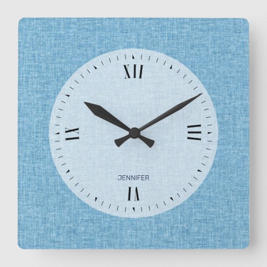パーソナル化可能なライトブルーフェイクリネンプリント スクエア壁時計 (正面)