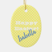 パーソナル化可能なヴィンテージイエロー水玉模様HappyEaster セラミックオーナメント (裏面)