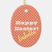 パーソナル化可能なヴィンテージオレンジ水玉模様HappyEaster セラミックオーナメント (裏面)