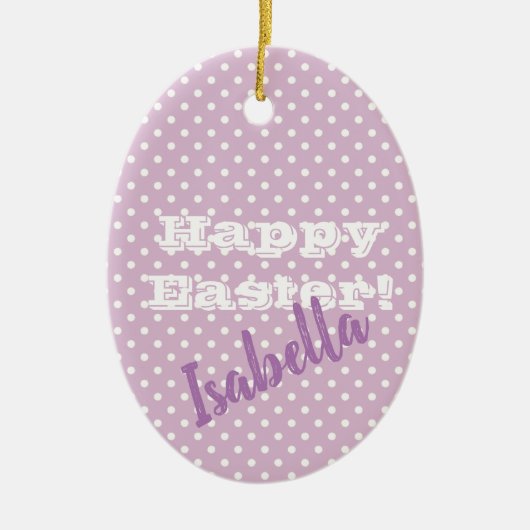 パーソナル化可能なヴィンテージピンク水玉模様ハッピーイースター セラミックオーナメント (正面)