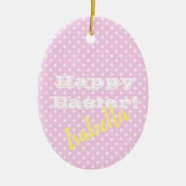 パーソナル化可能なヴィンテージピンク水玉模様ハッピーイースター セラミックオーナメント