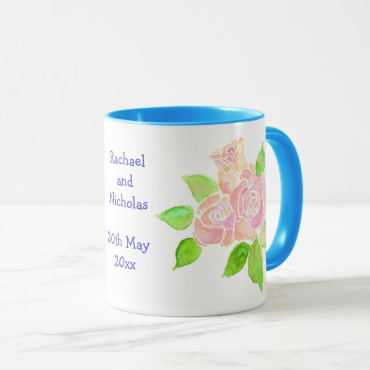 パーソナル化可能なヴィンテージピンク結婚ローズのマグカップ マグカップ (正面右)