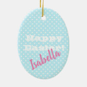 パーソナル化可能なヴィンテージブルー水玉模様ハッピーイースター セラミックオーナメント (裏面)