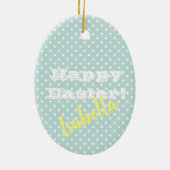 パーソナル化可能なヴィンテージブルー水玉模様ハッピーイースター セラミックオーナメント (裏面)