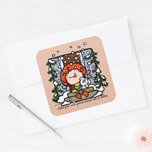 パーソナル化可能な冬の雪のクリスマスガールスクエア スクエアシール (封筒)