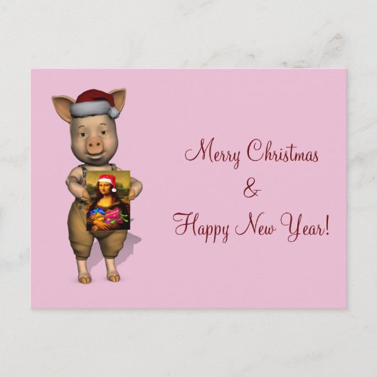 パーソナル化可能な画像を示すかわいいサンタピギー シーズンポストカード (正面)