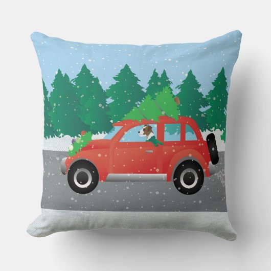 パーソン・ラッセル・テリアがクリスマスカーを運転 クッション (正面)