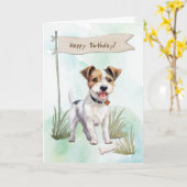 パーソン・ラッセル・テリアの犬と誕生日サイン カード (黄色い花)