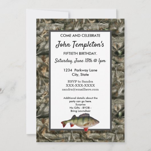 パーチおもしろい魚釣りメンズ迷彩柄誕生日招待状 招待状 (裏面)