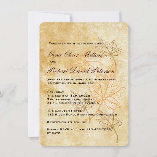 パーチメントオレンジ ブラウンの葉 ヴィンテージ秋の結婚式 招待状 (正面)