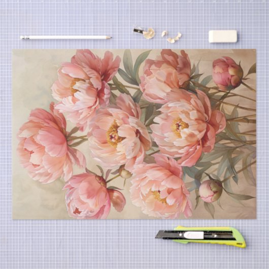パーチメント紙のピンクの芍薬の水彩デコパージュ 薄葉紙 (クラフト)