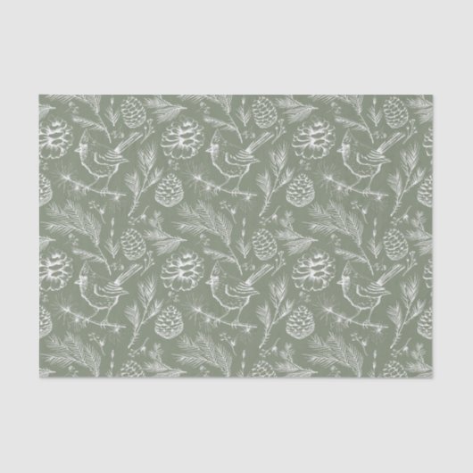 パーチ（鳥）ショウジョウコウカンチョウ、ピネコーンとウィンターベリーセージ 薄葉紙 (正面)