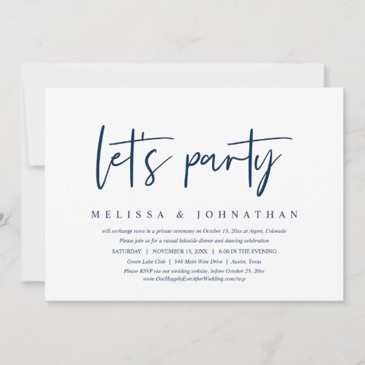 パーティしよう、カジュアルな結婚式のエロープメントディナー 招待状 (正面)