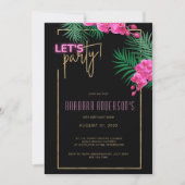 パーティしよう ブラック ゴールド ネオン トロピカル 40歳の誕生日 招待状 (正面)