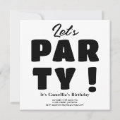 パーティしよう! 黒と白のストライプ 太字スクリプト 招待状 (正面)