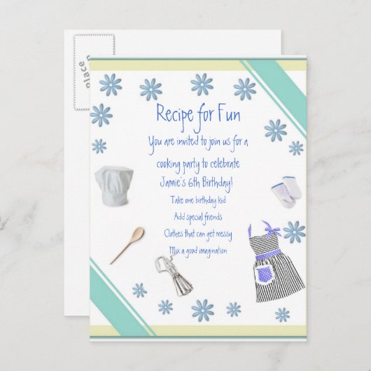 パーティの招待状の郵便はがきを調理している青い女の子 インビテーションポストカード (正面/裏面)