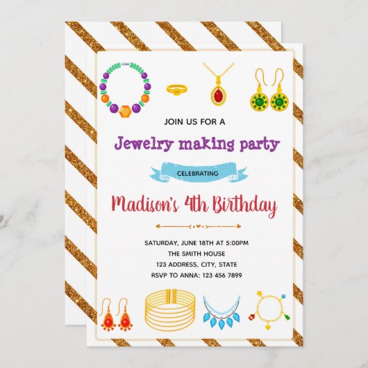 パーティの招待状を作るかわいいジュエリー 招待状 (正面/裏面)