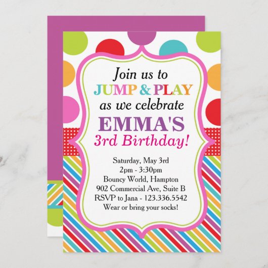 パーティの招待状を跳び、遊び、そして跳ねて下さい (Pink) 招待状 (正面/裏面)